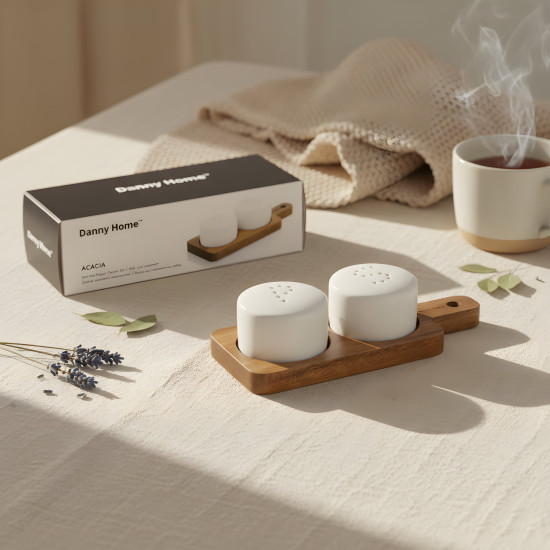 Porcelain Salt Shaker Set 2 Pcs with Wooden Base